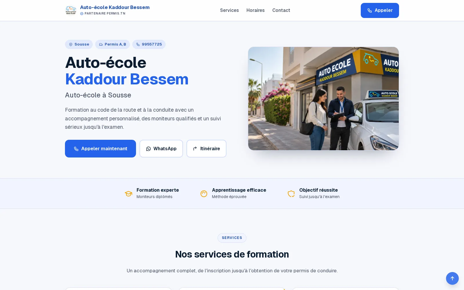 La page vitrine publique d'une auto-école sur Permis.tn